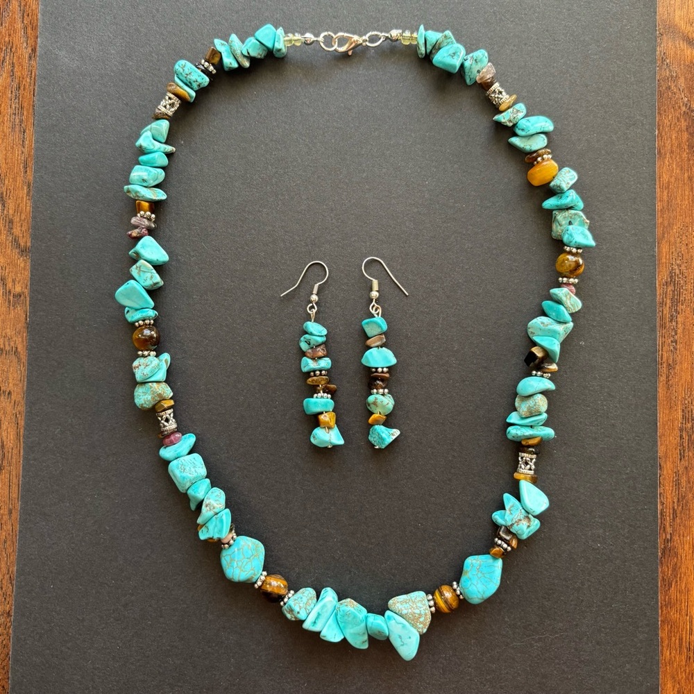 Handmade Boho Turquoise Tiger’s Eye Jewelry Set | Artisan Necklace & Earrings